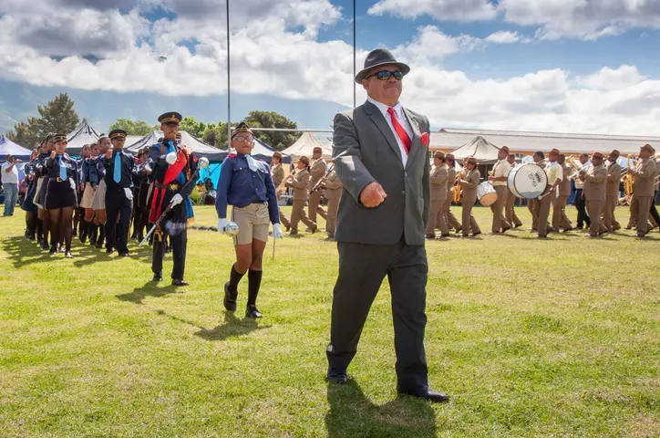 Mr Kosie Sefoor, President of the Cape Country Christmas Bands Union, leads the March Past. 2019